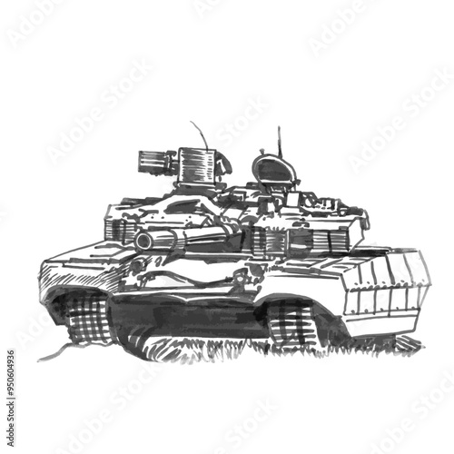 Ttracked tank. Military vehicle. Hand drawing.