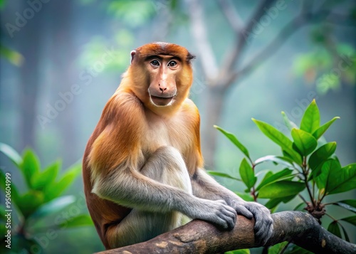 A large proboscis monkey with a distinctive nose and reddish-brown fur sits on a mangrove tree branch in a misty Bornean rainforest atmosphere.