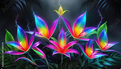 Neon infused tropical blossoms background. Generative Ai.