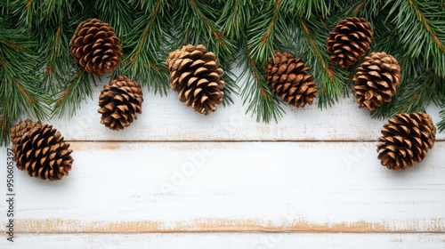 Pine Cones and Evergreen Sprigs on Whitewashed Wood