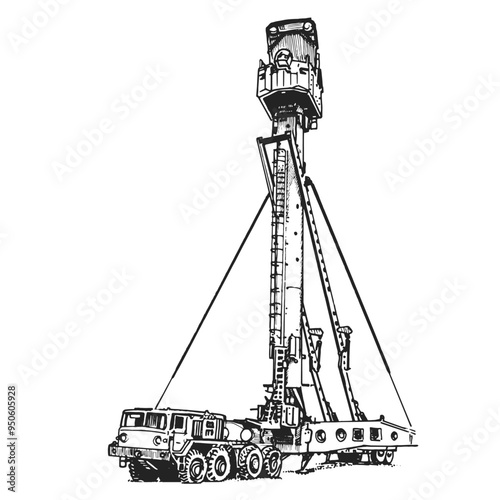 Mobile radar station. Military vehicle. Hand drawing.