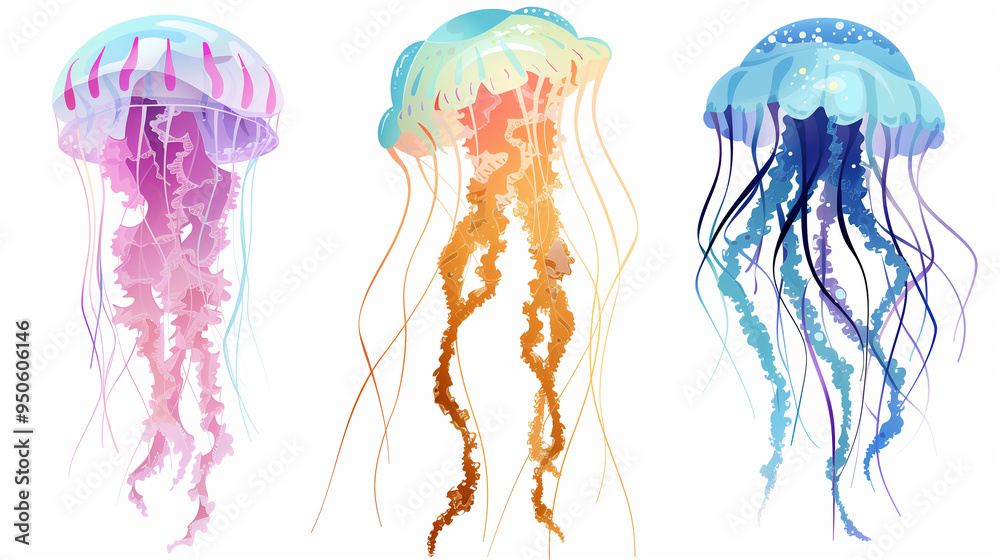 Fototapeta premium Watercolor Illustration on White Background, Jellyfish in Soft Blue and Pink Pastel Colors.