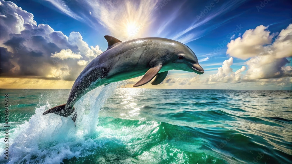 Naklejka premium A majestic dolphin leaps out of the turquoise ocean, its sleek gray body glistening in the sunlight, surrounded by splashing water droplets and seaweed.