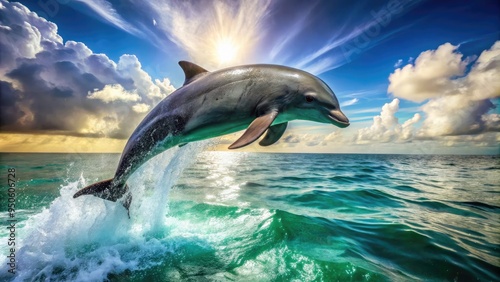 A majestic dolphin leaps out of the turquoise ocean, its sleek gray body glistening in the sunlight, surrounded by splashing water droplets and seaweed. photo