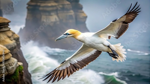 A majestic gannet bird in flight, wings outstretched, soaring above the rocky coastline with a misty ocean backdrop, showcasing its sleek white and black plumage. photo