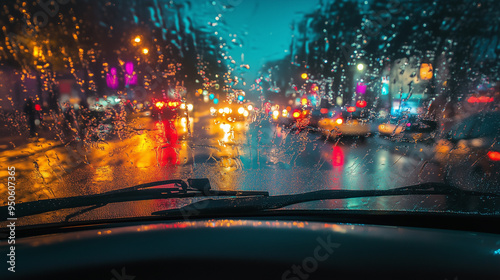 Rainy Night Streetscape Through Windshield. Rainy night cityscape through wet car windshield, ideal for weather or urban life themes. photo