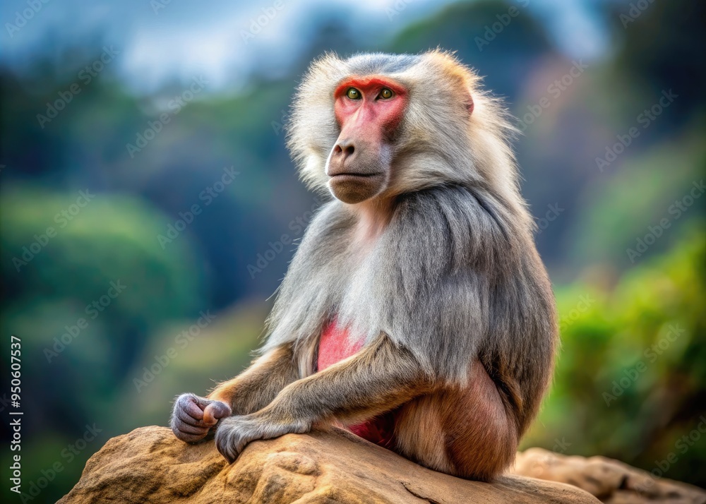A majestic hamadryas baboon with a distinctive red face and rump, sitting on a rocky outcrop, gazing intently into the distance with a curious expression. A majestic hamadryas baboon with a distinctive red face and rump, sitting on a rocky outcrop, gazing intently into the distance with a curious expression.