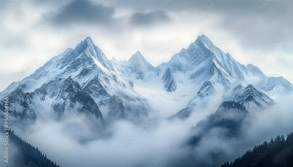 Fototapeta premium Snow-Capped Mountain Peaks Amidst Misty Clouds in Majestic Alpine Landscape