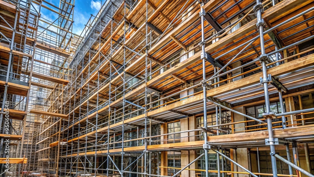 Metal scaffolding surrounds a multi-story building under renovation, with rows of pipes and wooden planks creating a complex network of support structures. Metal scaffolding surrounds a multi-story building under renovation, with rows of pipes and wooden planks creating a complex network of support structures.