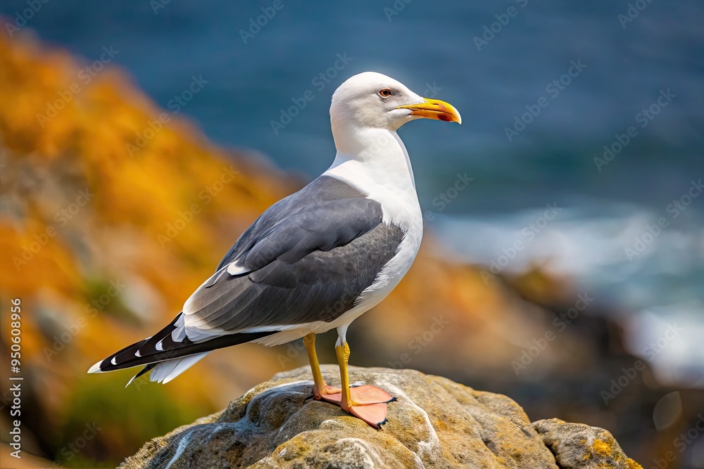 Obraz premium A majestic Slaty-backed Gull perches on a rocky coastline, its slate-gray back and wings contrasting with its creamy white head and belly in natural light.