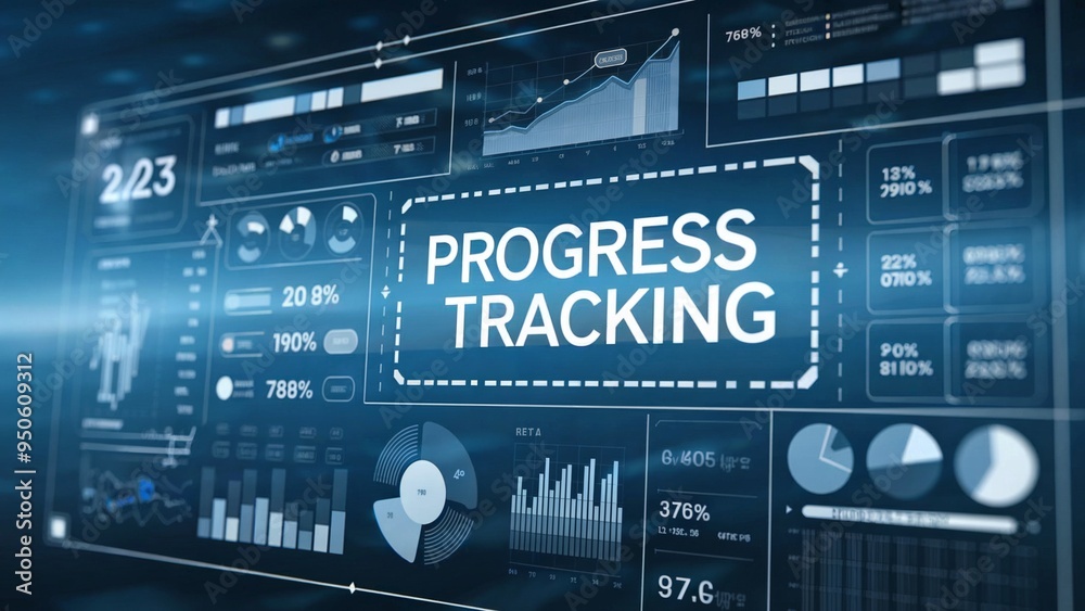 Focus on the Progress letters on a large holographic screen on a gradient blue background. Focus on the Progress letters on a large holographic screen on a gradient blue background.