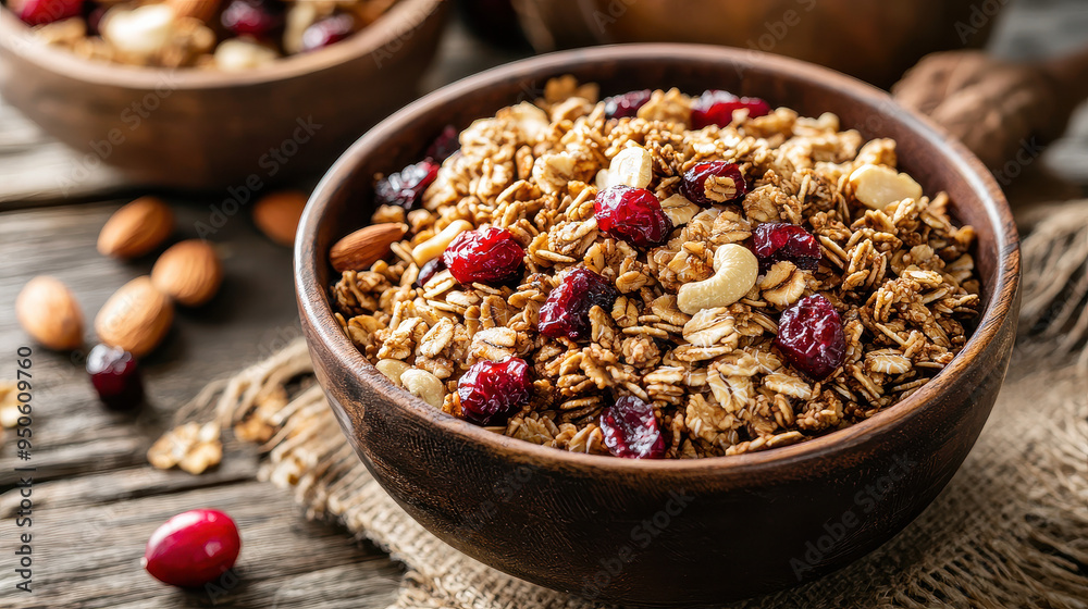 This image shows a delicious and healthy granola mix made with oats, cashews, and cranberries, served in a wooden bowl with a rustic background for a wholesome vibe. This image shows a delicious and healthy granola mix made with oats, cashews, and cranberries, served in a wooden bowl with a rustic background for a wholesome vibe.