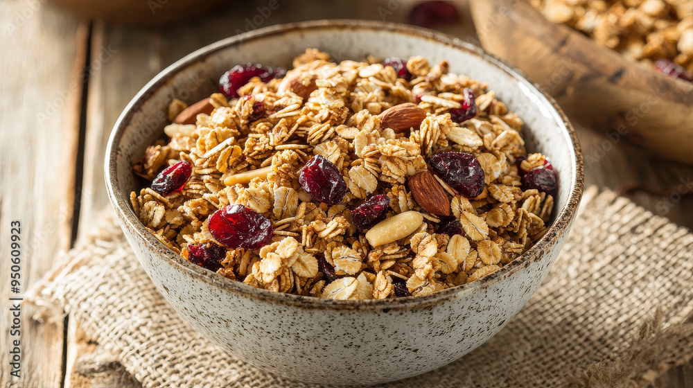 A bowl of granola filled with almonds, cranberries, and oats sitting on a rustic wooden table, exuding a healthy and natural breakfast vibe. A bowl of granola filled with almonds, cranberries, and oats sitting on a rustic wooden table, exuding a healthy and natural breakfast vibe.