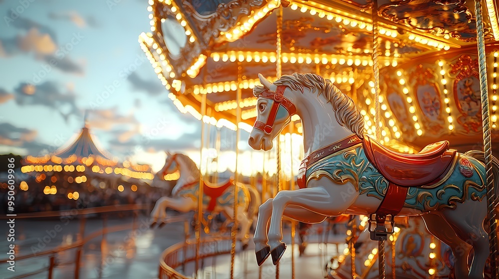 A beautiful carousel with illuminated horses under a sunset sky. A beautiful carousel with illuminated horses under a sunset sky.