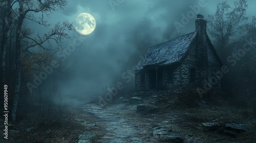 A spooky and mysterious cabin house in the woods, illuminated by the moon. Perfect for Halloween-themed events or horror movie posters. photo