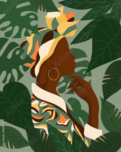 Beautiful African woman on a background of tropical leaves. Poster, print, flat illustration