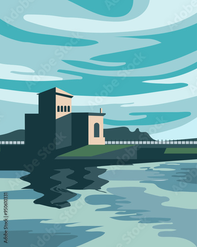 Seascape, port houses against the backdrop of the sea and colorful blue sky Clip art, print, poster