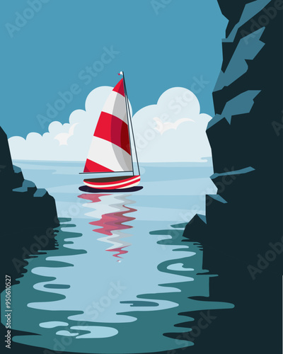 Seascape, a yacht on the sea among the rocks. Poster, print, colorful summer marine illustration