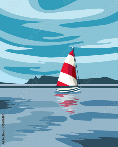 Colorful red and white yacht in the ocean, seascape with cloudy sky. Travel concept. Summer illustration, vector