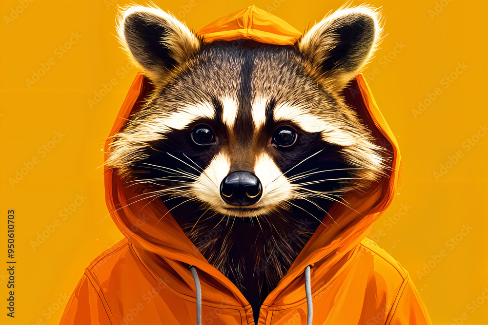 A raccoon wearing an orange hoodie, with its head sticking out of the hood. A raccoon wearing an orange hoodie, with its head sticking out of the hood.