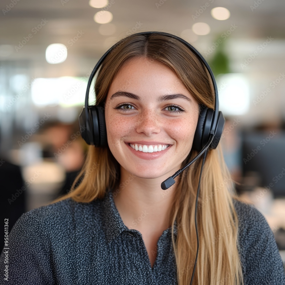 Smiling customer service representative with headset in office Smiling customer service representative with headset in office