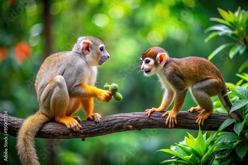 A playful monkey curiously interacts with a bushy-tailed squirrel, both perched on a branch, amidst lush green foliage in a vibrant jungle setting.