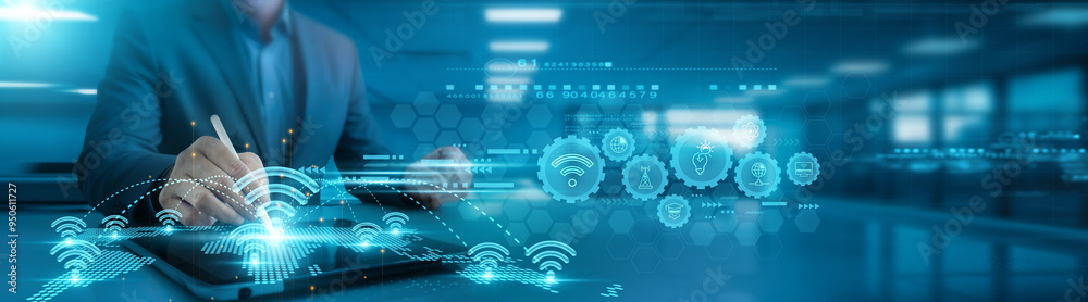 Businessman analyzing wifi data and network growth graph on office table with tab, connected, secure, efficient, monitoring, trends, improving. Businessman analyzing wifi data and network growth graph on office table with tab, connected, secure, efficient, monitoring, trends, improving.