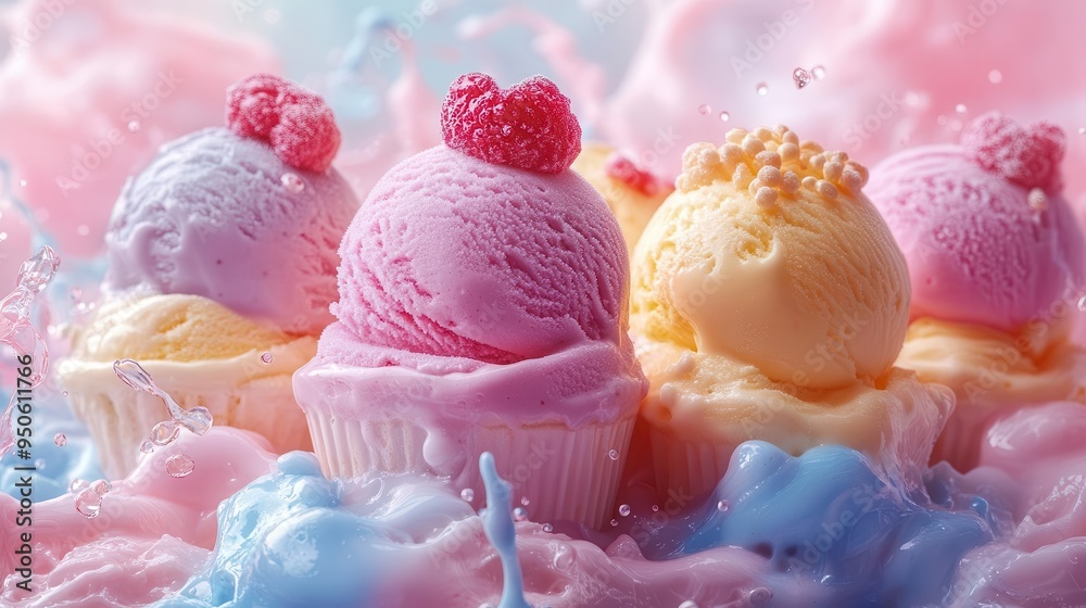 whimsical explosion of colorful ice cream scoops and toppings against a pastel background with dynamic splashes and swirls
