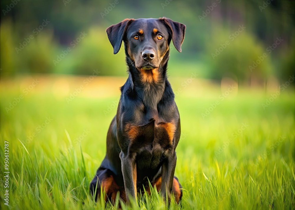 A sleek black dog with brown markings and a wagging tail, sitting in a field of green, looking directly at the camera with friendly eyes. A sleek black dog with brown markings and a wagging tail, sitting in a field of green, looking directly at the camera with friendly eyes.