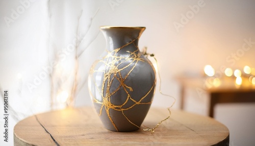 a majestic kintsugi jug meticulously restored with delicate threads of 24 karat gold photo