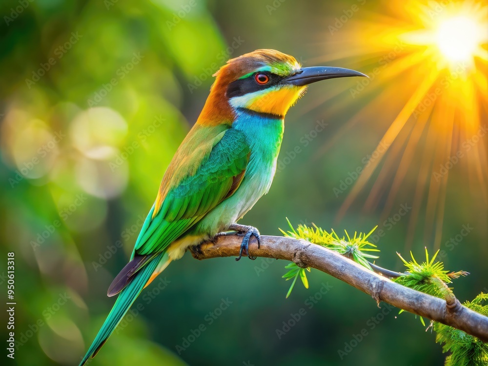 A sleek, iridescent bird with a long, pointed bill and vibrant green feathers perches on a sun-drenched branch, its eyes fixed intently on the surroundings. A sleek, iridescent bird with a long, pointed bill and vibrant green feathers perches on a sun-drenched branch, its eyes fixed intently on the surroundings.