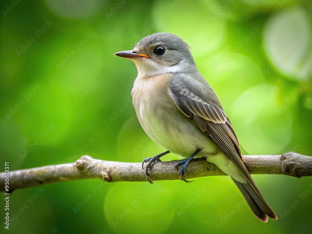 A sleek olive-sided flycatcher perches on a branch, its gray back and white underside contrasting with the lush green forest surroundings in summer. A sleek olive-sided flycatcher perches on a branch, its gray back and white underside contrasting with the lush green forest surroundings in summer.