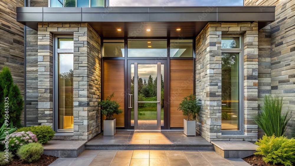 Fototapeta premium Modern front door with sleek glass panels and stainless steel frame, surrounded by elegant stonework, inviting natural light and showcasing a beautiful entrance.