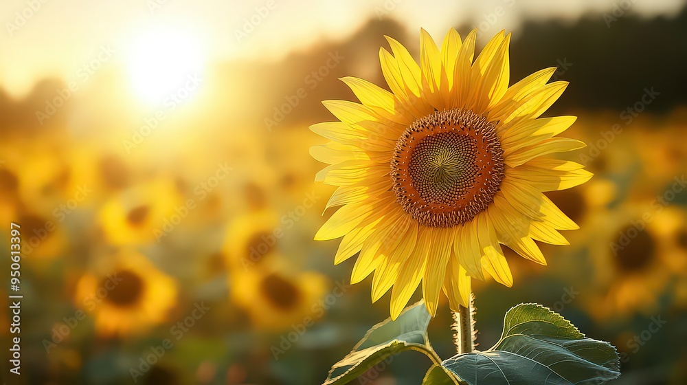 Obraz premium A vibrant sunflower in full bloom, bathed in golden sunlight, standing tall in a vast field, symbolizing warmth, positivity, and the beauty of nature.