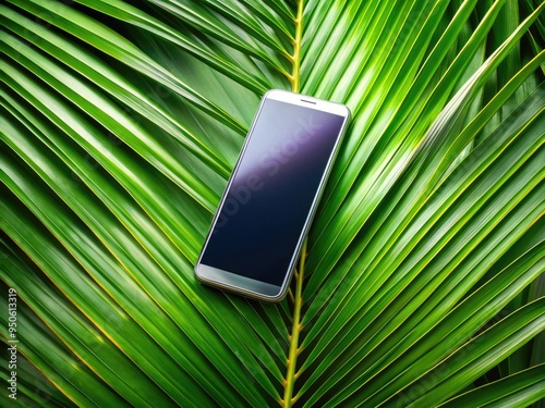 A sleek, metallic, aerodynamically designed smartphone lies next to a lush green palm frond, blending modern technology with natural tropical tranquility. photo