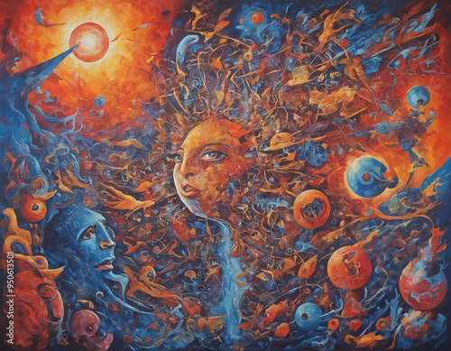 a painting of a face and various objects 