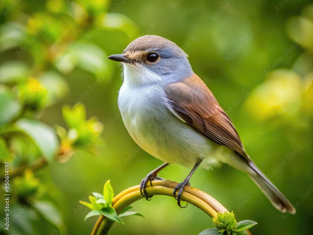 Fototapeta premium A small, grey-and-white bird with a distinctive silver ring around its eye, perched on a branch, surrounded by lush green foliage and soft natural light.