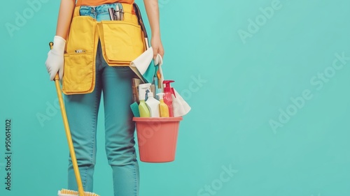 Cleaning lady in uniform holding a mop and bucket, standing on a solid color background. Various cleaning supplies like spray bottles and cloths are clipped to her utility belt, ready for work.