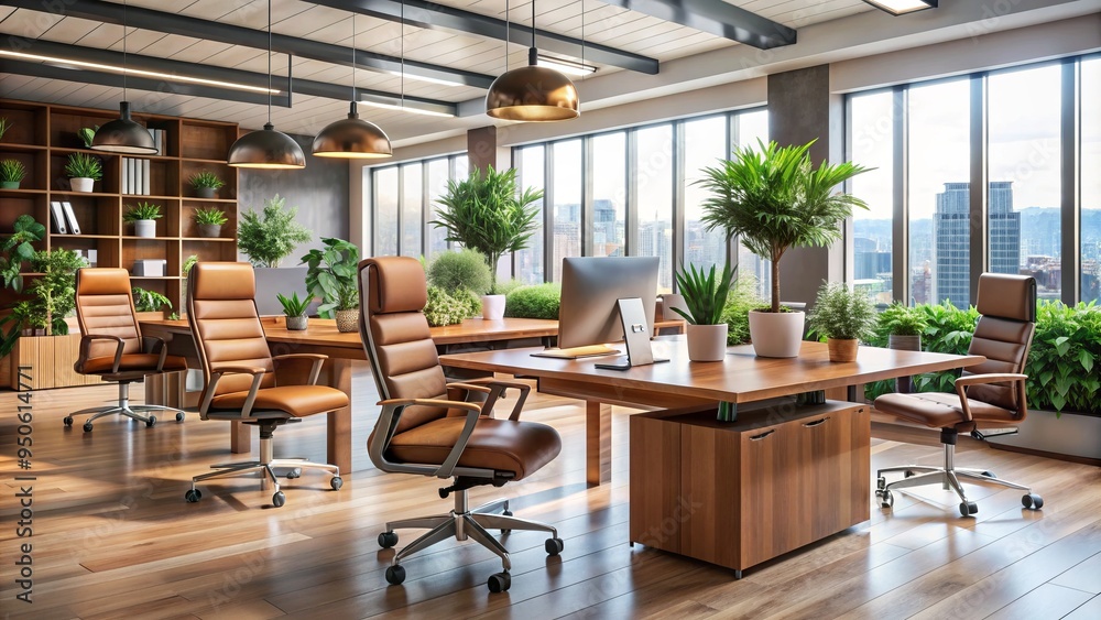 Modern office interior with blurred background, featuring sleek wooden desks, leather chairs, and potted plants, conveying a sense of professionalism and elegance. Modern office interior with blurred background, featuring sleek wooden desks, leather chairs, and potted plants, conveying a sense of professionalism and elegance.