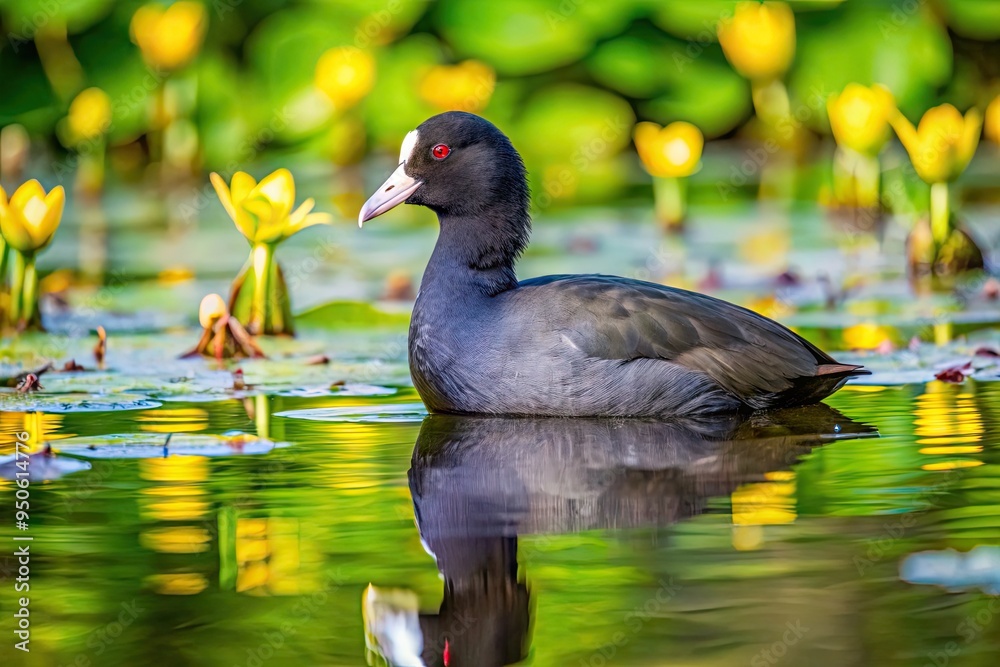 A solitary American Coot bird wades through calm, reflective waters surrounded by lush greenery and subtle water lilies in a serene natural habitat. A solitary American Coot bird wades through calm, reflective waters surrounded by lush greenery and subtle water lilies in a serene natural habitat.