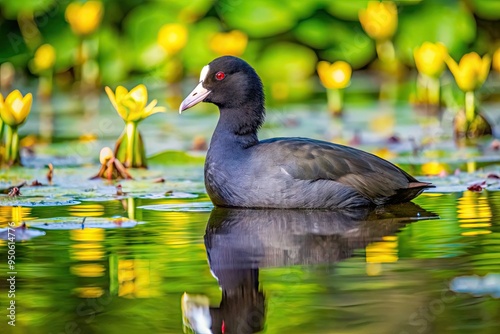 A solitary American Coot bird wades through calm, reflective waters surrounded by lush greenery and subtle water lilies in a serene natural habitat. photo