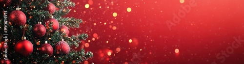 Christmas tree with red ornaments on the left side of the frame, red background with bokeh lights in the middle and right sides of the frame, large empty space for text Generative AI