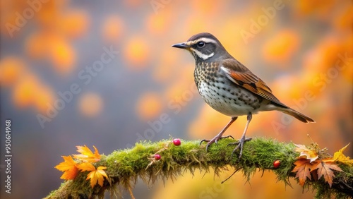 A solitary dusky thrush perches on a moss-covered branch, its rusty-brown plumage blending with the muted forest surroundings on a misty autumn morning. photo