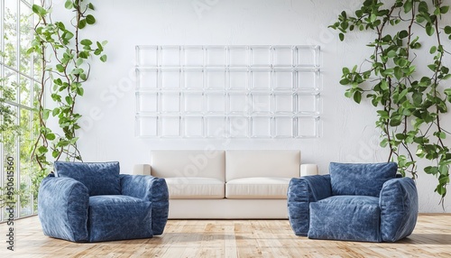 Minimalist design with blue chairs, pine floor, and vanilla sofa. photo