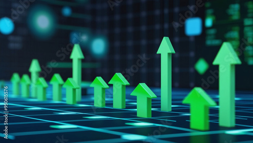 business finance chart . green arrow pointing up on digital green background, Stock Market, Bull market concept