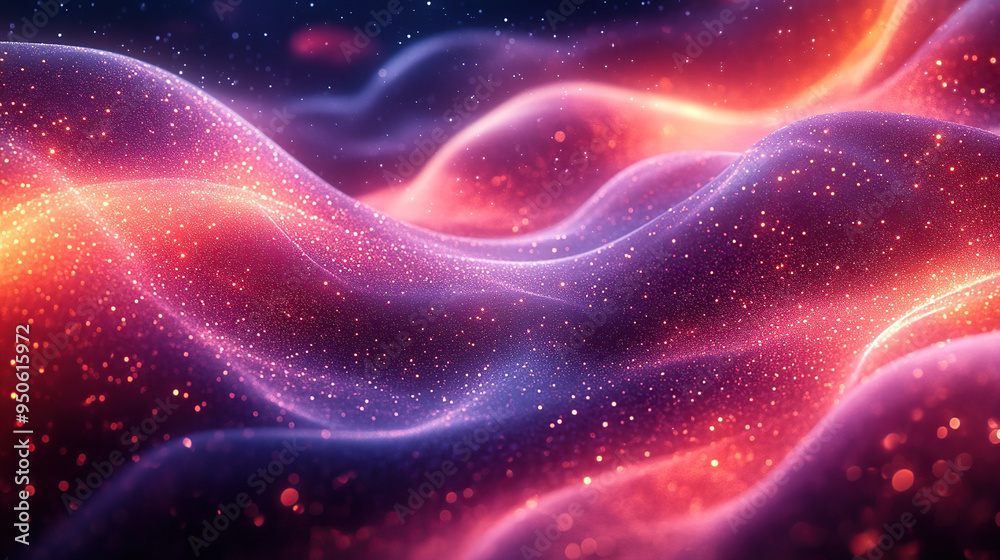 Abstract digital art with glowing red and blue waves with sparkling particles. Abstract digital art with glowing red and blue waves with sparkling particles.