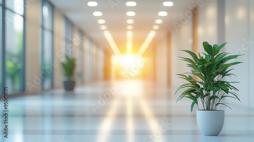  A modern hallway filled with natural light, featuring potted plants and a sleek design, emphasizing a clean and inviting work or living environment.