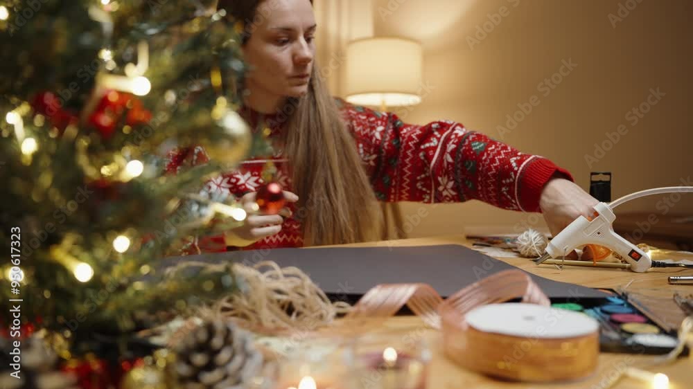 A Christmas Tree with Lights and Ornaments is in Focus, While a Woman in the Background Works on a Craft Project. A Christmas Tree with Lights and Ornaments is in Focus, While a Woman in the Background Works on a Craft Project.