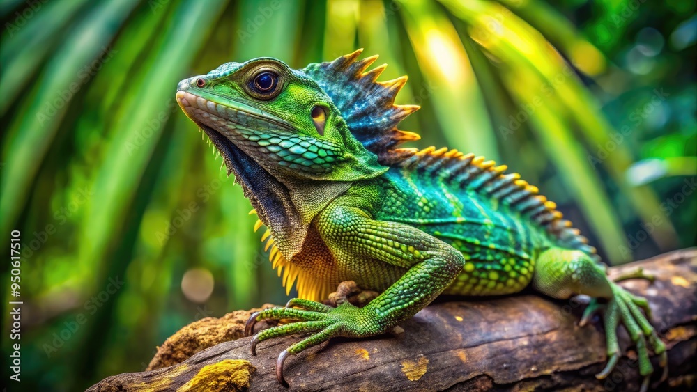 Fototapeta premium A vibrant green frilled lizard perches on a tree trunk, its elaborate frill flared, displaying a striking defense mechanism in a lush, tropical Australian rainforest setting.