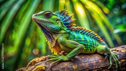 A vibrant green frilled lizard perches on a tree trunk, its elaborate frill flared, displaying a striking defense mechanism in a lush, tropical Australian rainforest setting. photo